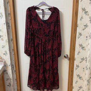 torrid Burgundy and Black Paisley Open Back Long Sleeve Tea Length Aline Dress